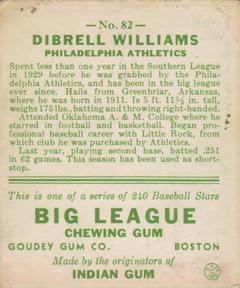 1933 Goudey (R319) #82 Dib Williams Back