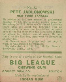 1933 Goudey (R319) #83 Pete Jablonowski Back