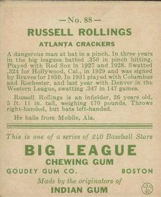 1933 Goudey (R319) #88 Russell Rollings Back