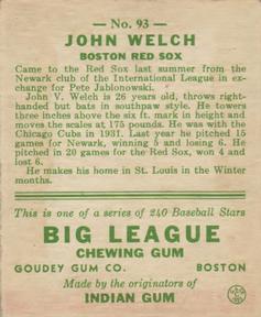1933 Goudey (R319) #93 John Welch Back