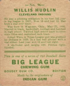 1933 Goudey (R319) #96 Willis Hudlin Back