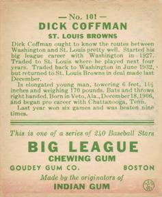 1933 Goudey (R319) #101 Richard Coffman Back