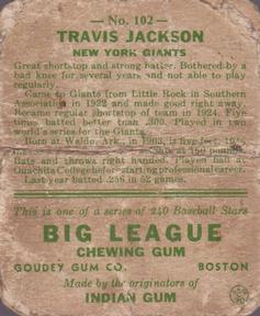 1933 Goudey (R319) #102 Travis Jackson Back