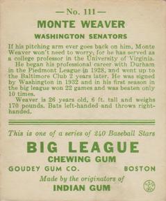 1933 Goudey (R319) #111 Monte Weaver Back