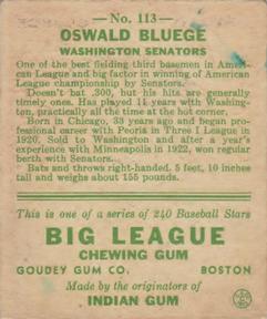 1933 Goudey (R319) #113 Oswald Bluege Back