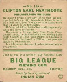 1933 Goudey (R319) #115 Cliff Heathcote Back