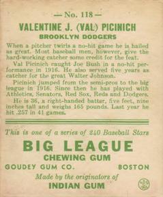 1933 Goudey (R319) #118 Val Picinich Back