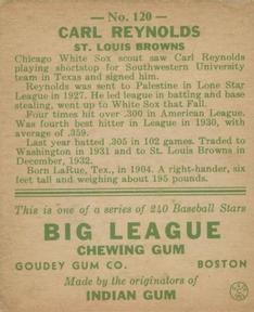 1933 Goudey (R319) #120 Carl Reynolds Back
