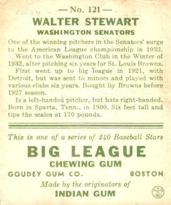 1933 Goudey (R319) #121 Lefty Stewart Back