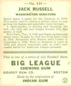 1933 Goudey (R319) #123 Jack Russell Back