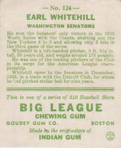 1933 Goudey (R319) #124 Earl Whitehill Back