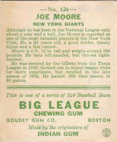 1933 Goudey (R319) #126 Jo-Jo Moore Back