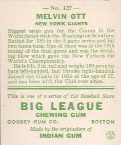 1933 Goudey (R319) #127 Mel Ott Back