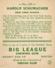 1933 Goudey (R319) #129 Hal Schumacher Back