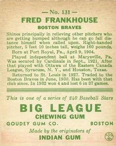 1933 Goudey (R319) #131 Fred Frankhouse Back