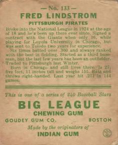 1933 Goudey (R319) #133 Fred Lindstrom Back