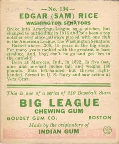 1933 Goudey (R319) #134 Sam Rice Back