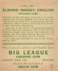 1933 Goudey (R319) #135 Woody English Back