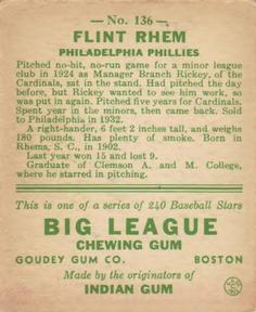 1933 Goudey (R319) #136 Flint Rhem Back