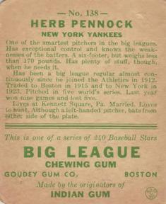 1933 Goudey (R319) #138 Herb Pennock Back