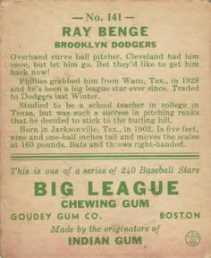 1933 Goudey (R319) #141 Ray Benge Back