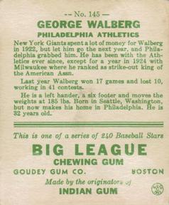 1933 Goudey (R319) #145 Rube Walberg Back