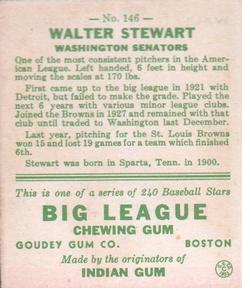 1933 Goudey (R319) #146 Lefty Stewart Back