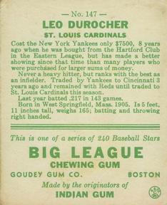 1933 Goudey (R319) #147 Leo Durocher Back