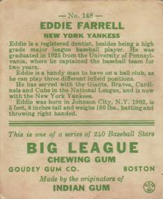 1933 Goudey (R319) #148 Eddie Farrell Back