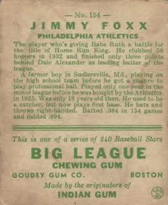 1933 Goudey (R319) #154 Jimmie Foxx Back