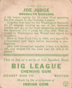 1933 Goudey (R319) #155 Joe Judge Back
