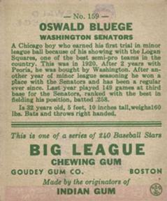 1933 Goudey (R319) #159 Oswald Bluege Back