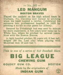 1933 Goudey (R319) #162 Leo Mangum Back