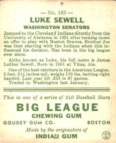 1933 Goudey (R319) #163 Luke Sewell Back