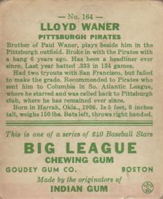 1933 Goudey (R319) #164 Lloyd Waner Back
