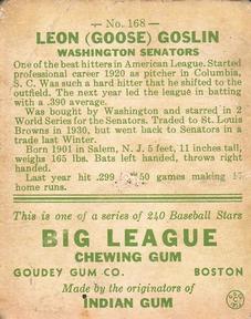 1933 Goudey (R319) #168 Goose Goslin Back
