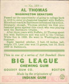 1933 Goudey (R319) #169 Tommy Thomas Back