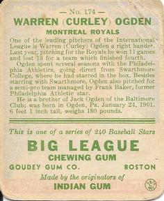 1933 Goudey (R319) #174 Curly Ogden Back