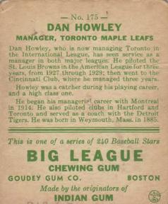 1933 Goudey (R319) #175 Dan Howley Back