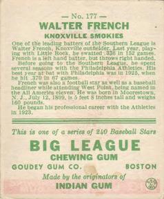 1933 Goudey (R319) #177 Walter French Back