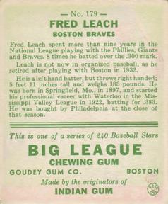 1933 Goudey (R319) #179 Fred Leach Back
