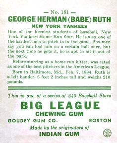1933 Goudey #181 Babe Ruth Back