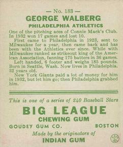 1933 Goudey (R319) #183 Rube Walberg Back