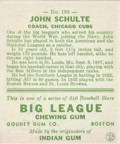1933 Goudey (R319) #186 Johnny Schulte Back