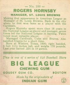 1933 Goudey (R319) #188 Rogers Hornsby Back