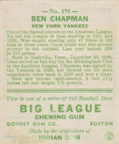 1933 Goudey (R319) #191 Ben Chapman Back