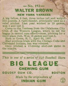 1933 Goudey (R319) #192 Walter Brown Back