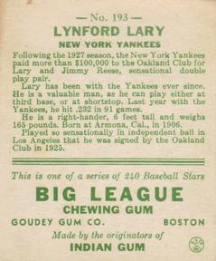 1933 Goudey (R319) #193 Lyn Lary Back