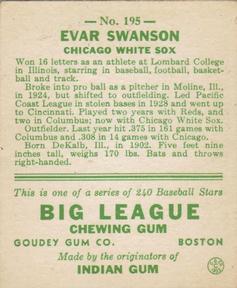 1933 Goudey (R319) #195 Evar Swanson Back