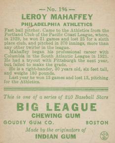1933 Goudey (R319) #196 Roy Mahaffey Back
